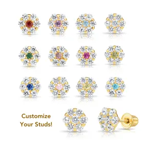 14k Yellow Gold Birthstone Flower Cluster Stud Earrings, Screw Back