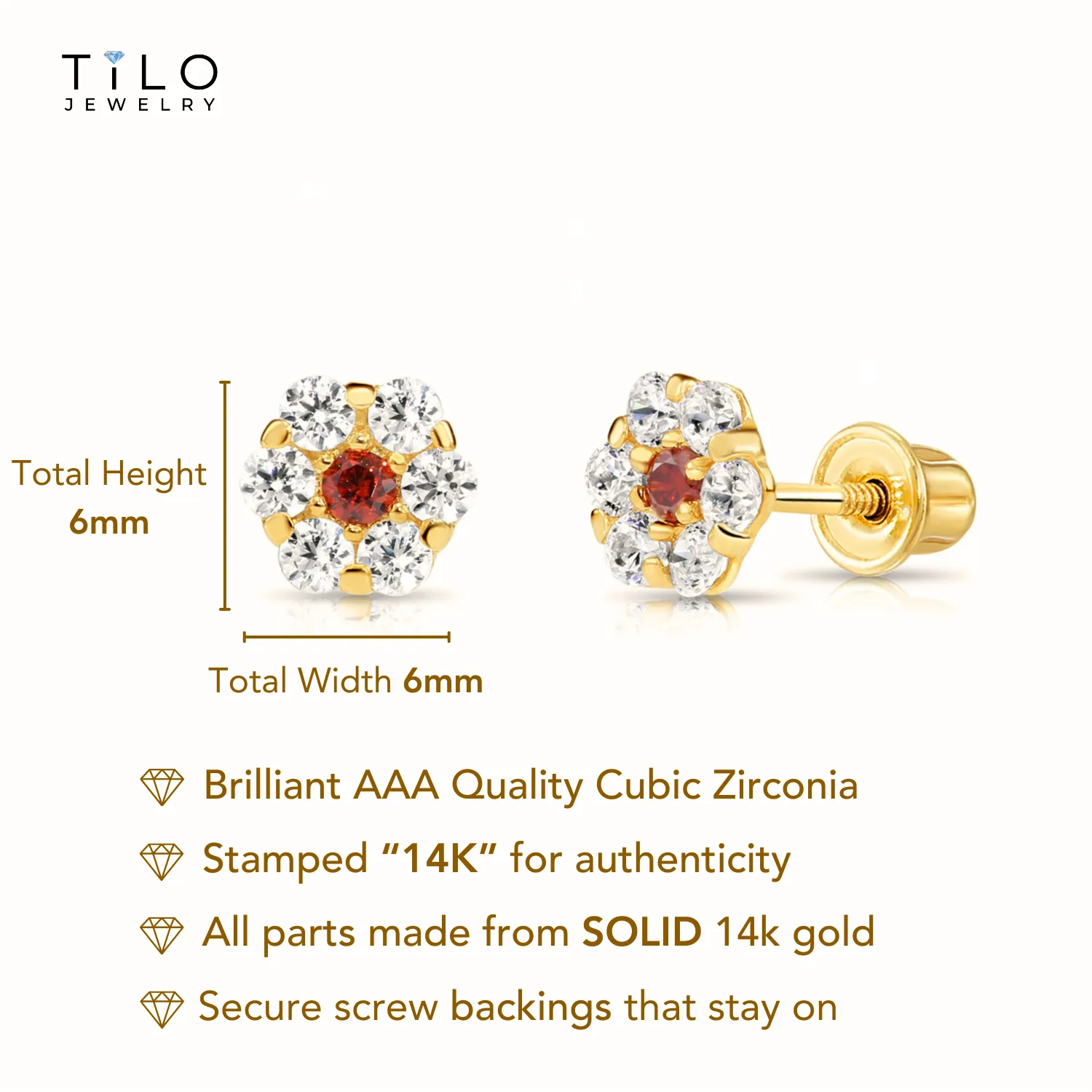 14k Yellow Gold Birthstone Flower Cluster Stud Earrings, Screw Back