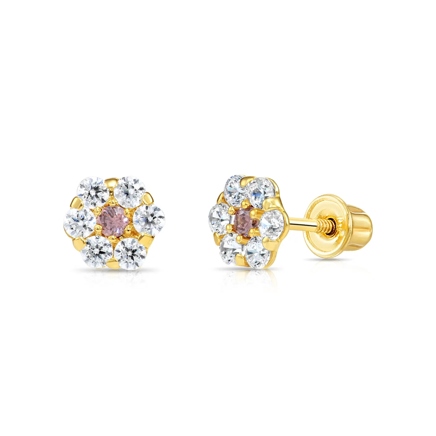 14k Yellow Gold Birthstone Flower Cluster Stud Earrings, Screw Back