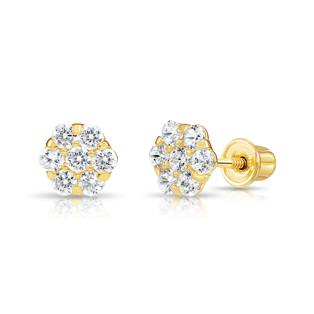 14k Yellow Gold Birthstone Flower Cluster Stud Earrings, Screw Back