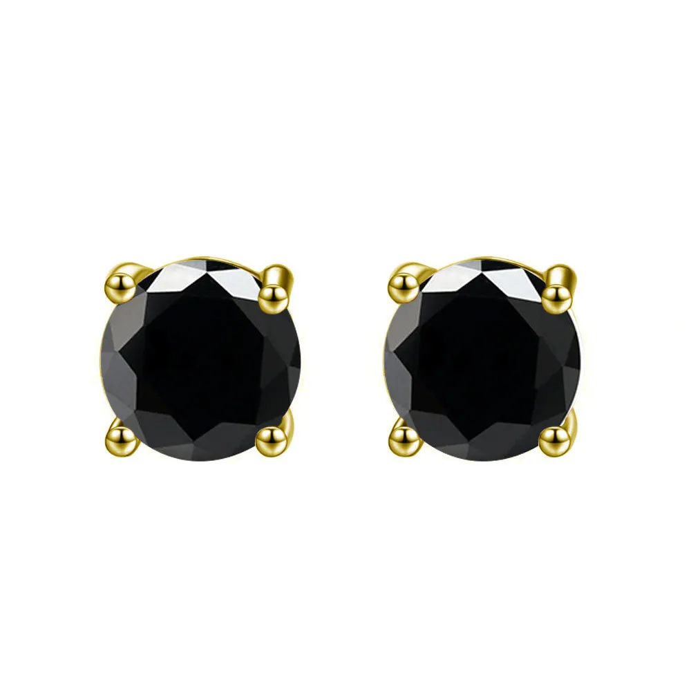 14k Yellow Gold Plated  2 Carat Round Created Black Sapphire Stud Earrings