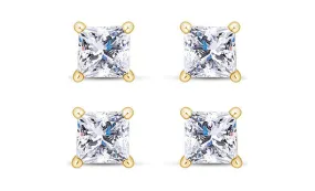 14k Yellow Gold Plated 2Ct Princess Cut White Sapphire Set Of Two Stud Earrings