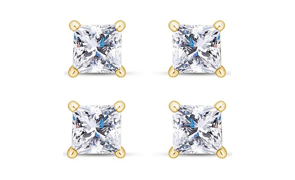 14k Yellow Gold Plated 2Ct Princess Cut White Sapphire Set Of Two Stud Earrings