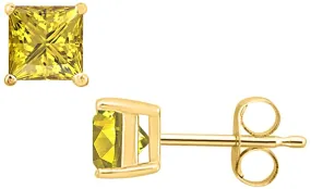 14k Yellow Gold Plated 3 Carat Princess Cut Created Yellow Sapphire Stud Earrings