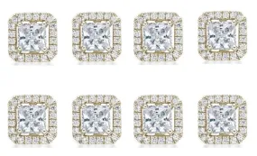 14k Yellow Gold Plated 3Ct Princess Cut White Sapphire Set of Four Halo Stud Earrings