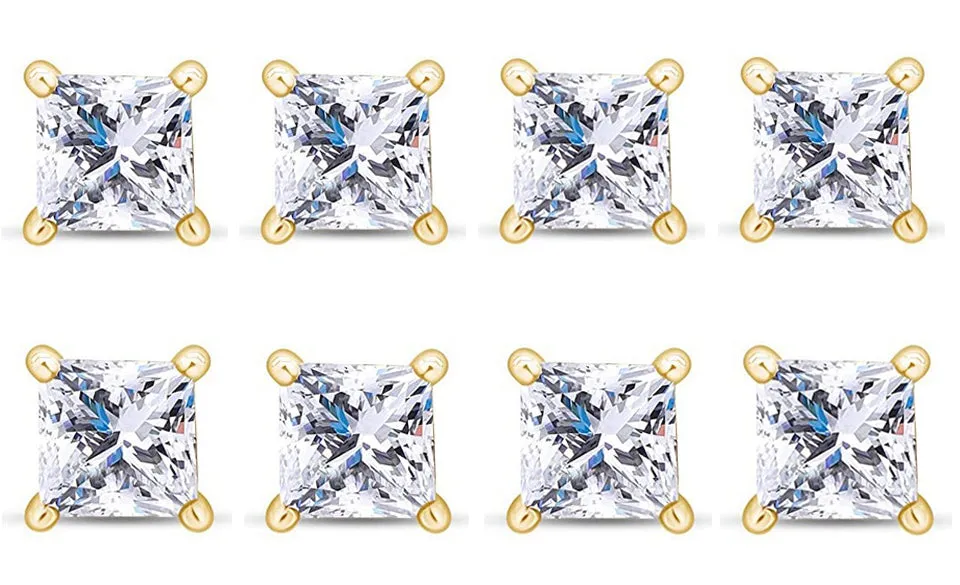 14k Yellow Gold Plated 3Ct Princess Cut White Sapphire Set Of Four Stud Earrings