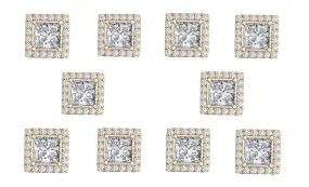 14k Yellow Gold Plated 4mm 1Ct Square Cut White Sapphire Set of Five Halo Stud Earrings