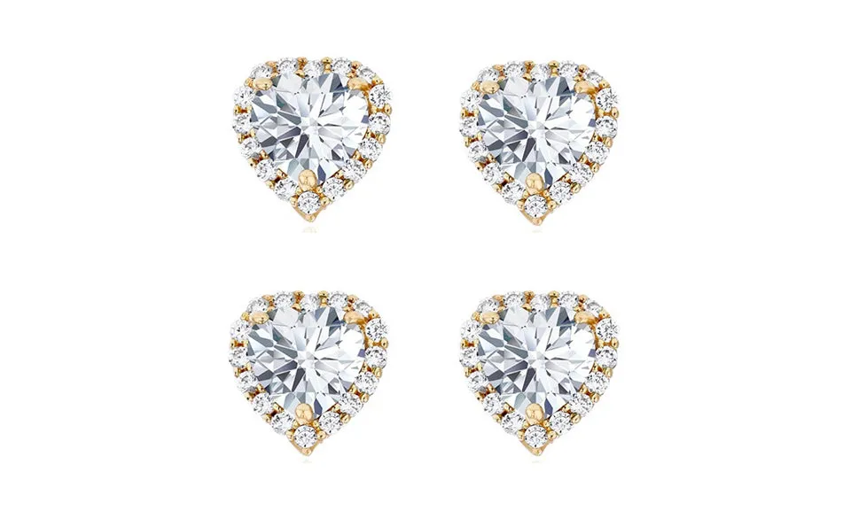 14k Yellow Gold Plated 4mm 4Ct Heart White Sapphire Set of Two Halo Stud Earrings