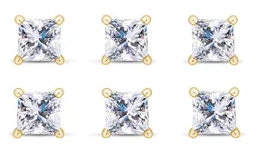 14k Yellow Gold Plated 4mm 4Ct Princess Cut White Sapphire Set Of Three Stud Earrings