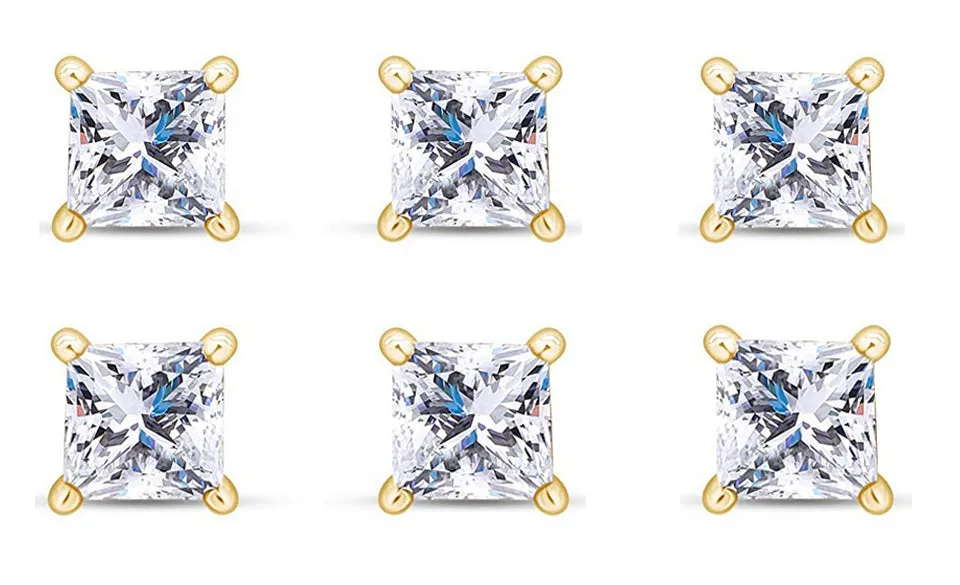 14k Yellow Gold Plated 4mm 4Ct Princess Cut White Sapphire Set Of Three Stud Earrings