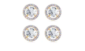 14k Yellow Gold Plated 6mm 3Ct Round White Sapphire Set Of Two Halo Stud Earrings