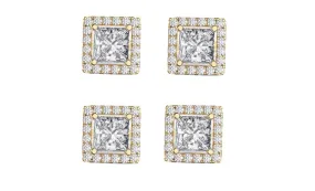 14k Yellow Gold Plated 6mm 4Ct Square Cut White Sapphire Set of Two Halo Stud Earrings