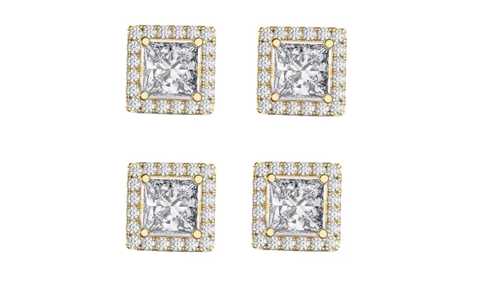 14k Yellow Gold Plated 6mm 4Ct Square Cut White Sapphire Set of Two Halo Stud Earrings