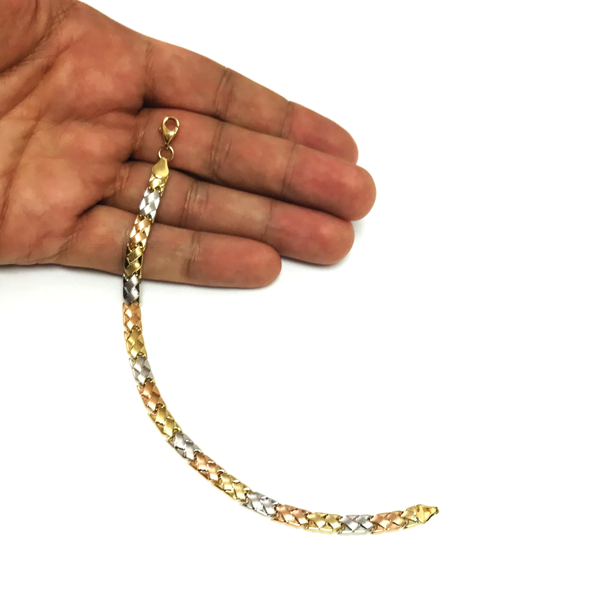 14k Yellow White And Rose Gold Weaved Fancy Bracelet, 7.25"