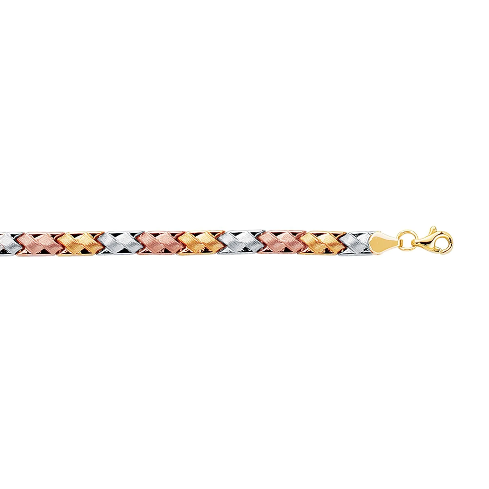 14k Yellow White And Rose Gold Weaved Fancy Bracelet, 7.25"