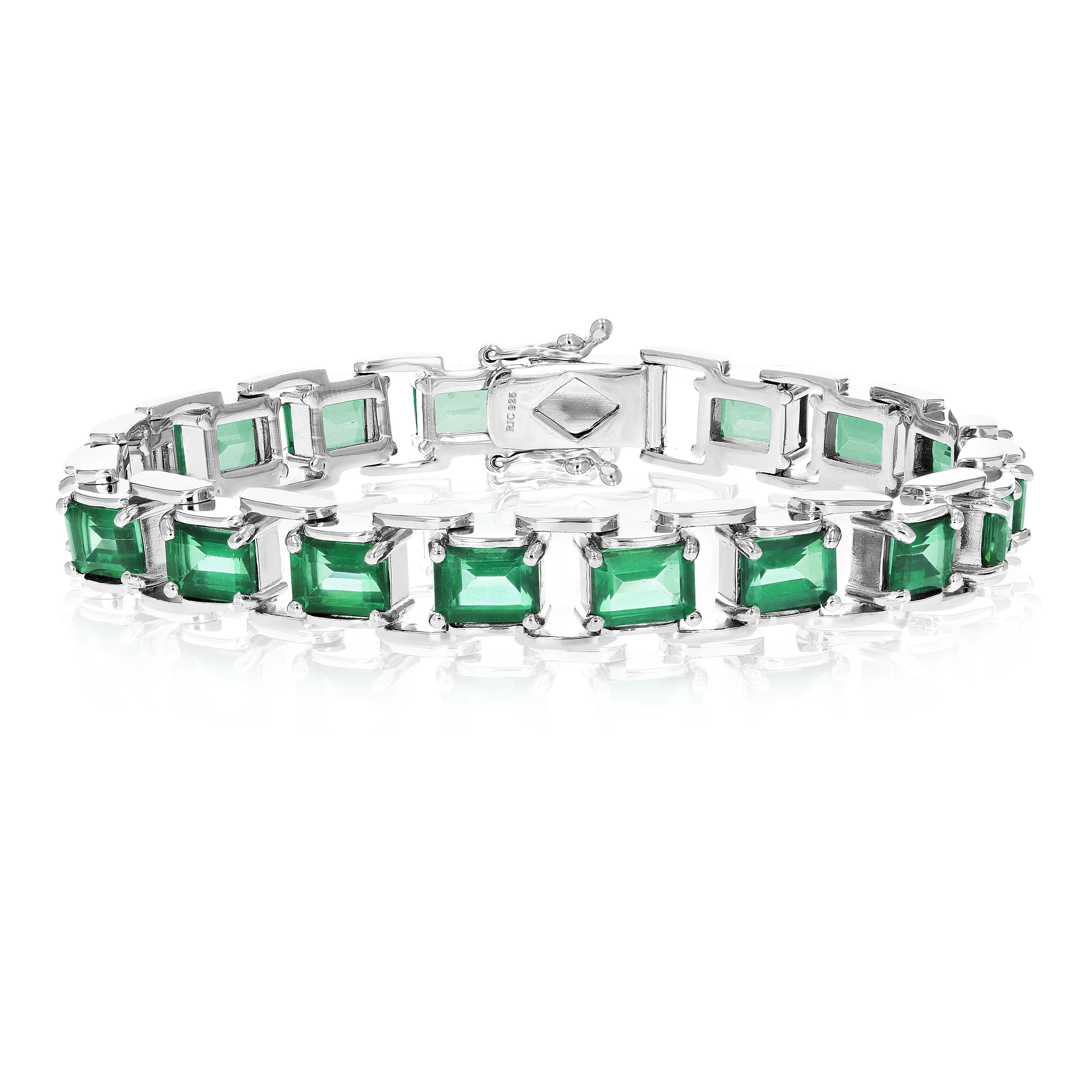 15 cttw Green Topaz Tennis Bracelet .925 Sterling Silver Rhodium 7x5 MM Emerald