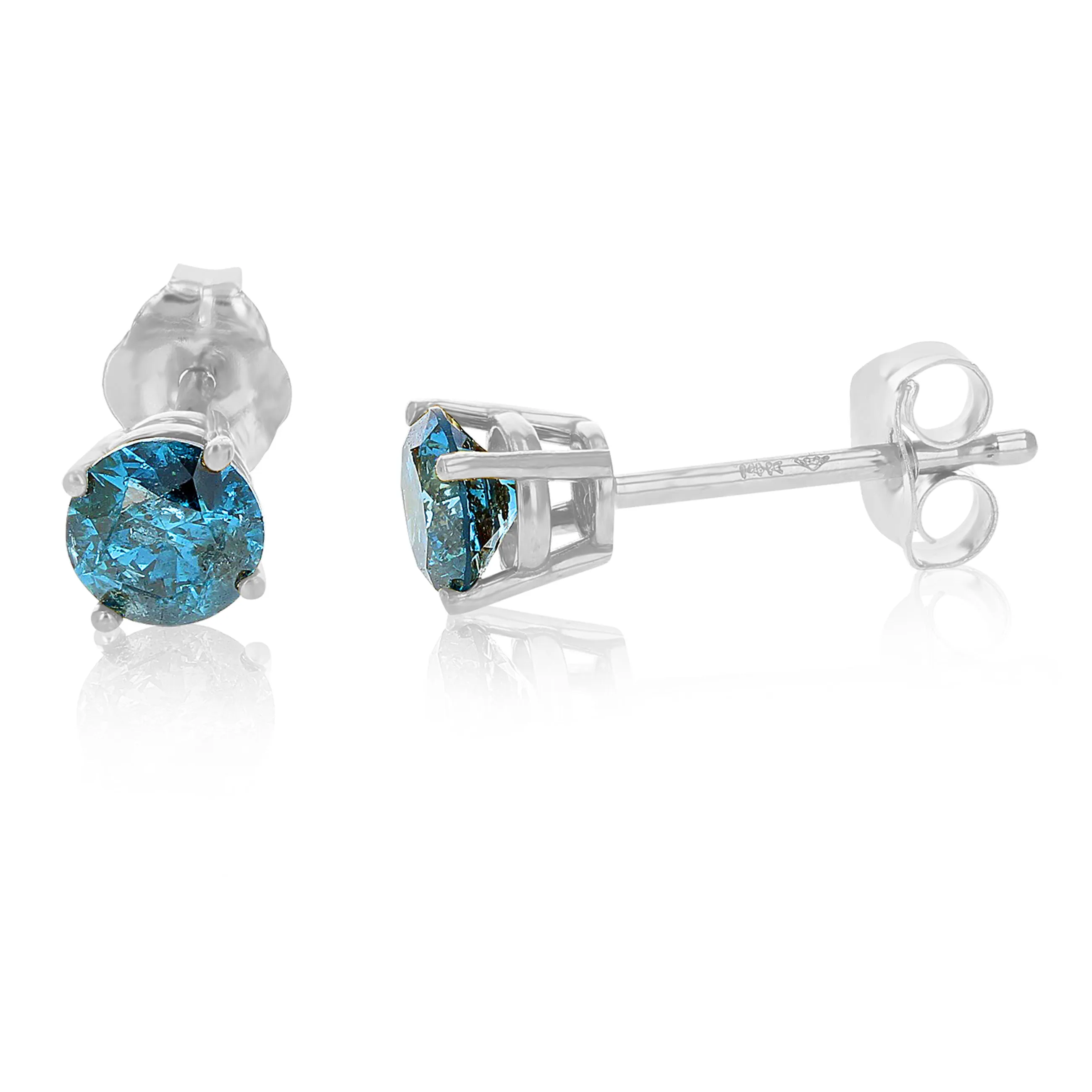 1.50 cttw Blue Diamond Stud Earrings 14K White or Yellow Gold Round Shape with Push Backs