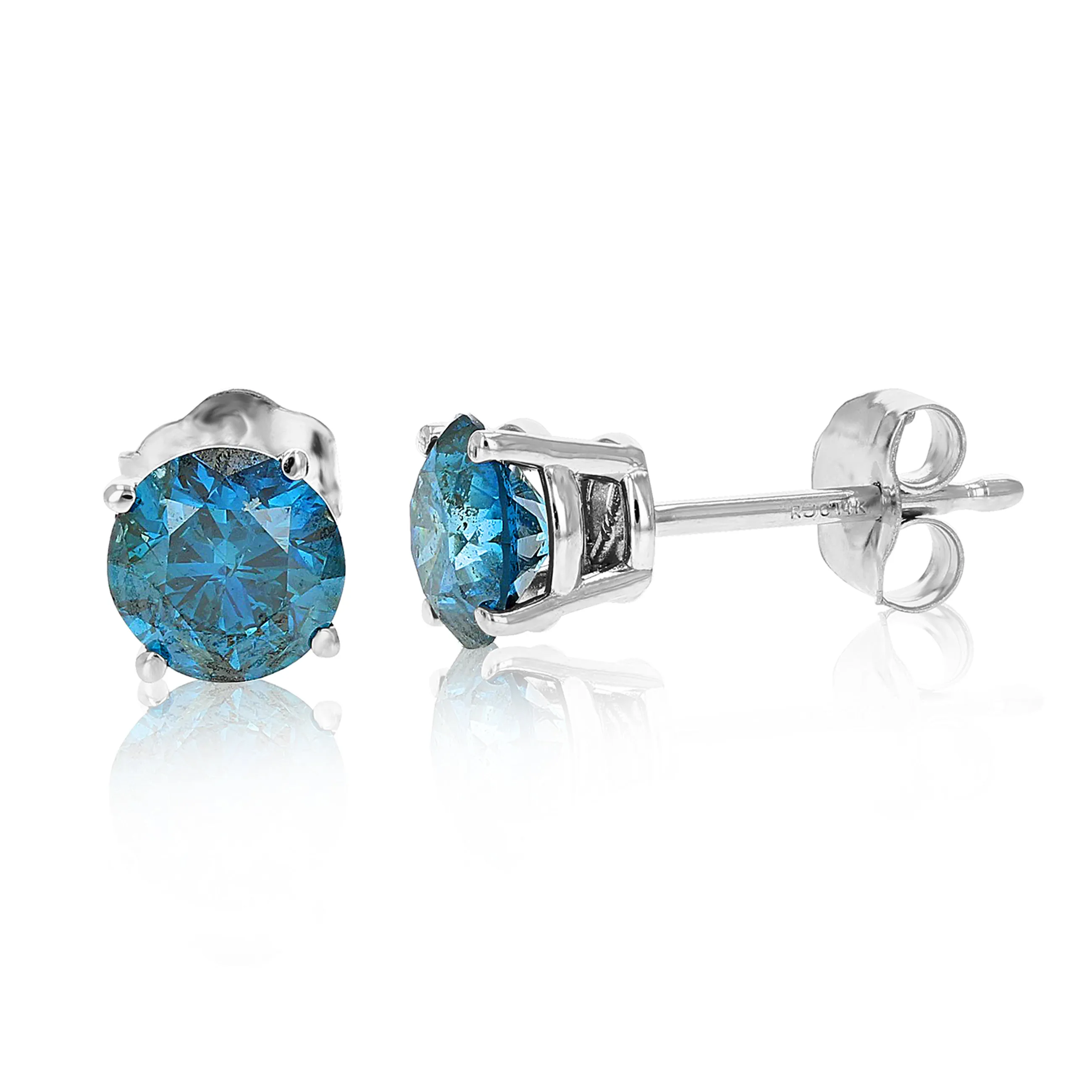 1.50 cttw Blue Diamond Stud Earrings 14K White or Yellow Gold Round Shape with Push Backs