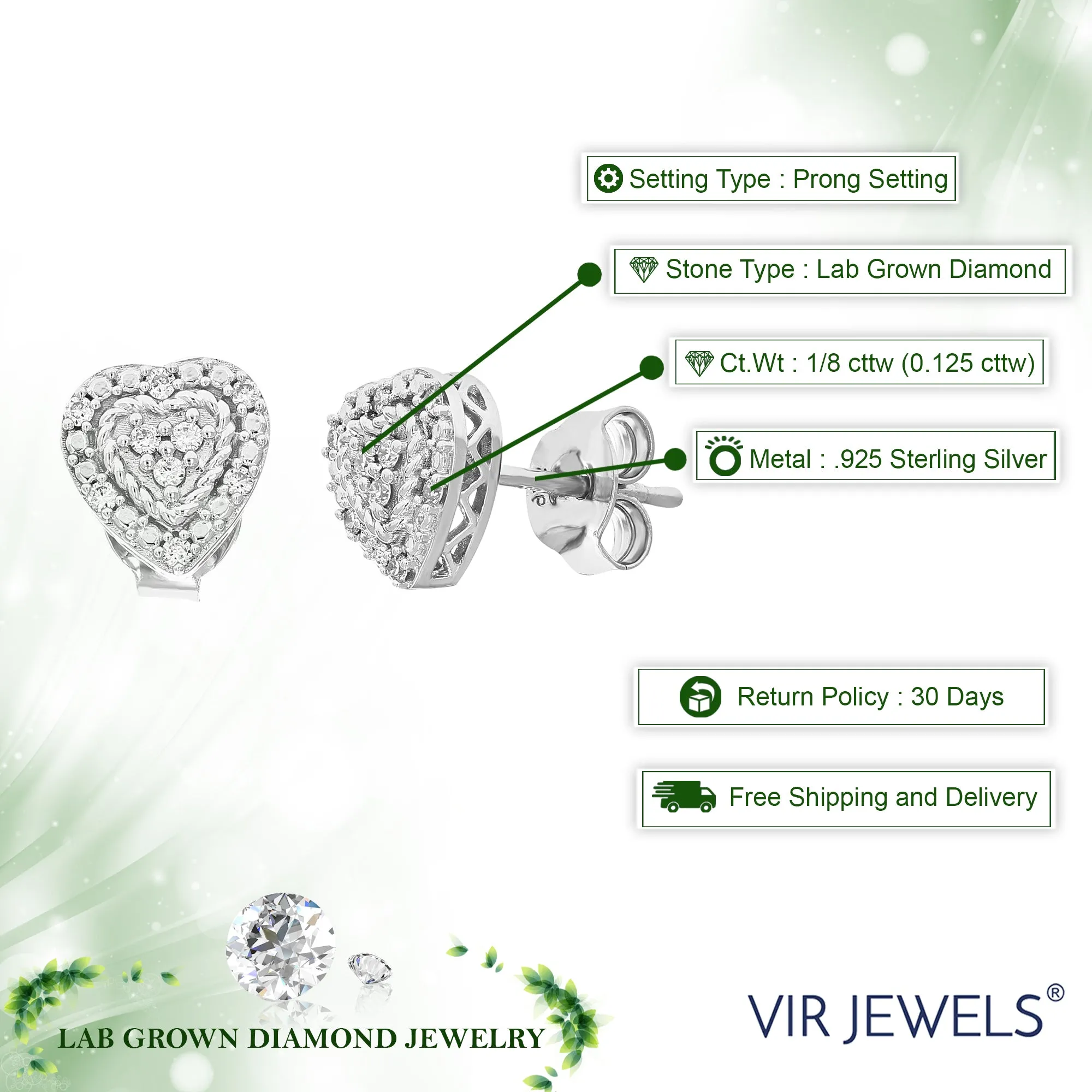 1/8 cttw 18 Stones Round Lab Grown Diamond Studs Earrings .925 Sterling Silver Prong Set Heart Shape