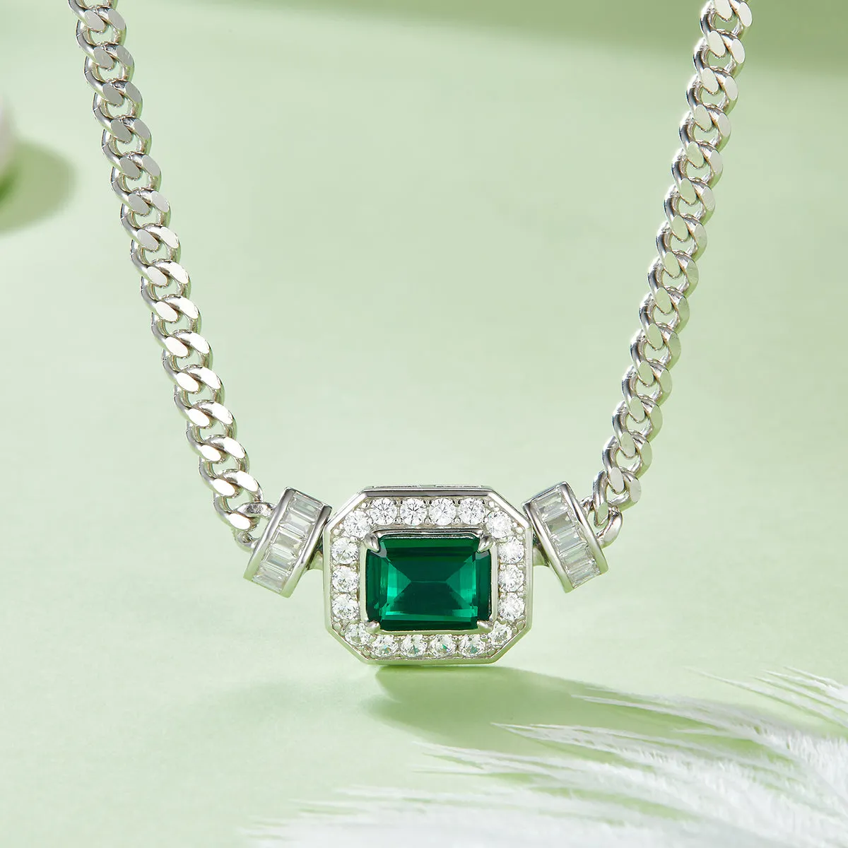 1.83 Carat Rectangular Lab Created Emerald Halo Necklace and Bracelet Set in S925 Silver Plated Platinum