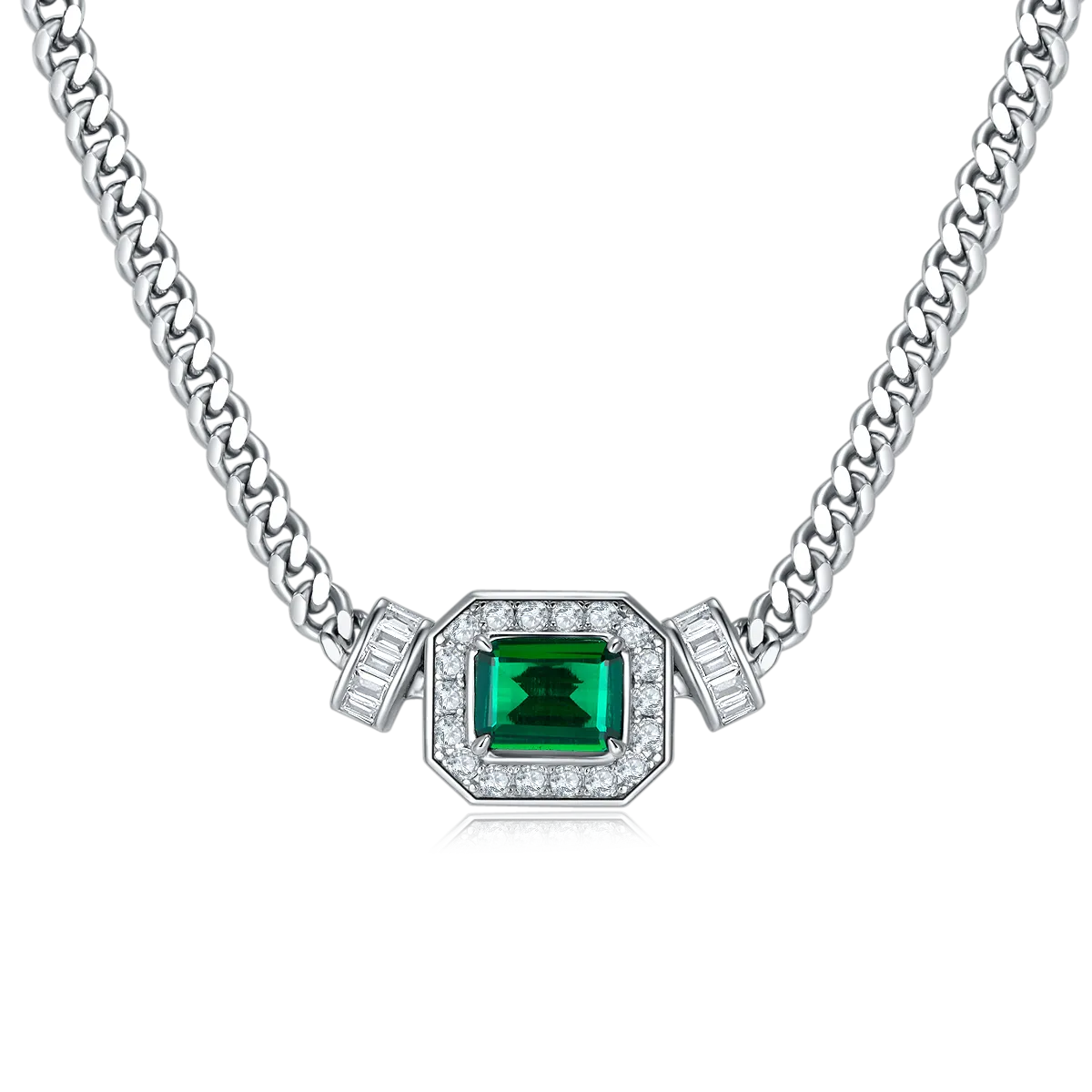 1.83 Carat Rectangular Lab Created Emerald Halo Necklace and Bracelet Set in S925 Silver Plated Platinum