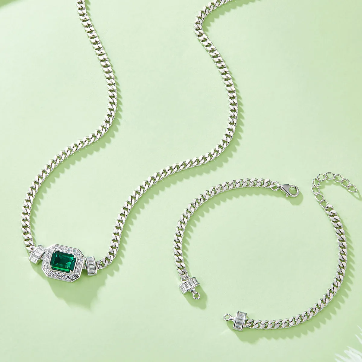 1.83 Carat Rectangular Lab Created Emerald Halo Necklace and Bracelet Set in S925 Silver Plated Platinum