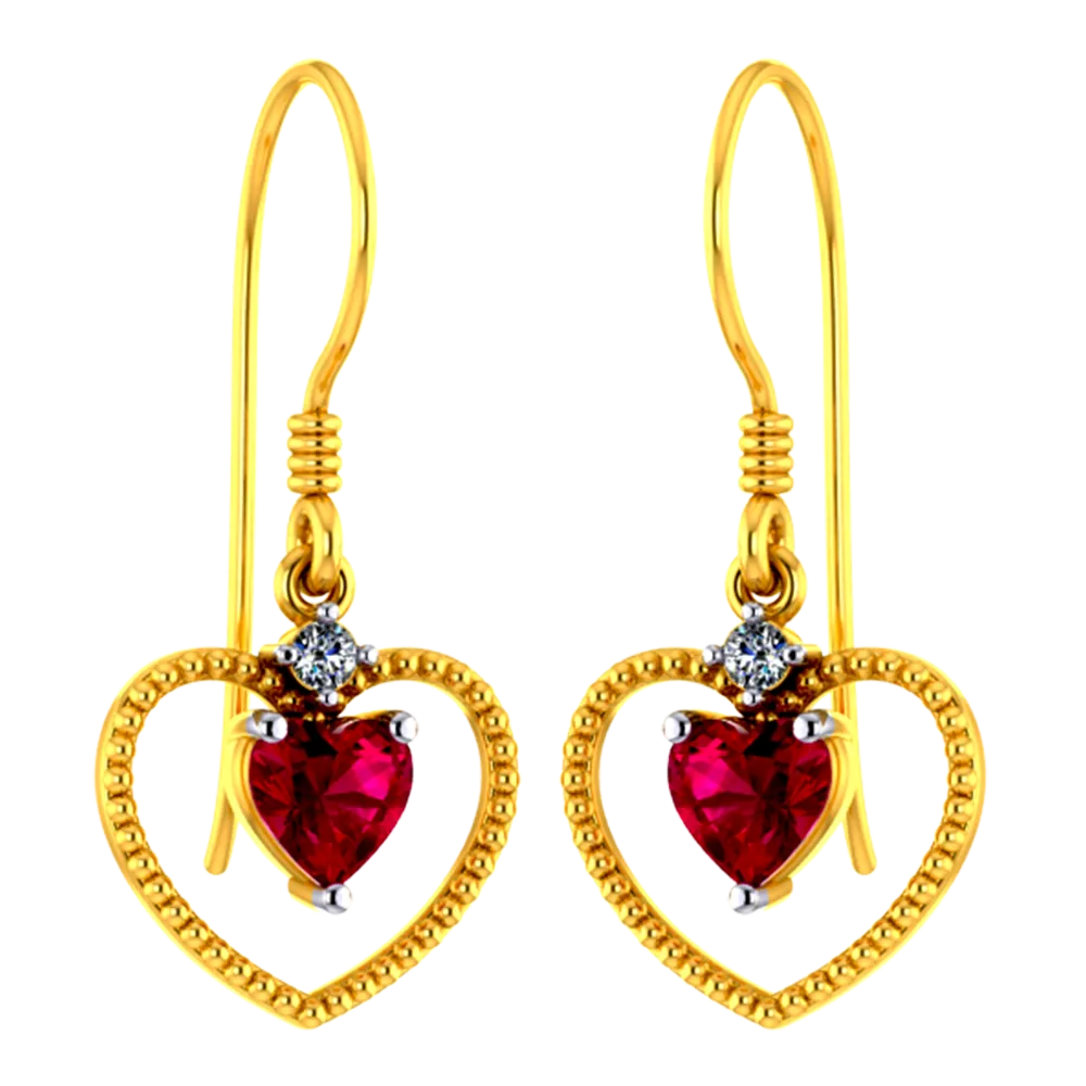 18k Heart Shaped Diamond Earrings With A Red Stone