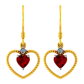 18k Heart Shaped Diamond Earrings With A Red Stone