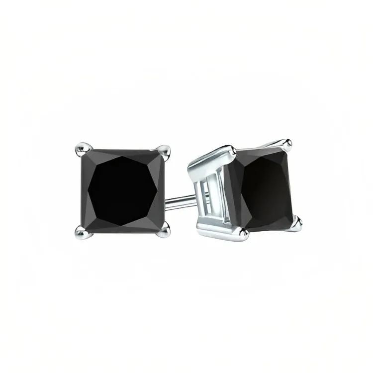 18k White Gold 2 Pair Black Moissanite Round & Princess Cut Stud Earrings Plated 6mm By Paris Jewelry