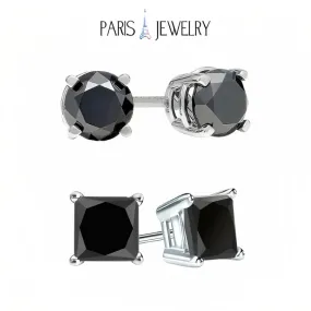 18k White Gold 2 Pair Black Moissanite Round & Princess Cut Stud Earrings Plated 6mm By Paris Jewelry