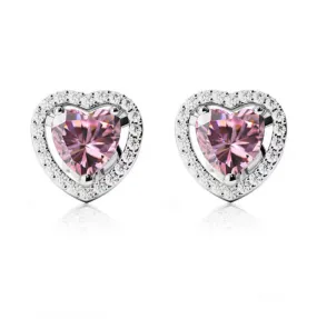 18k White Gold Plated 1 Ct Created Halo Heart Pink Sapphire Stud Earrings