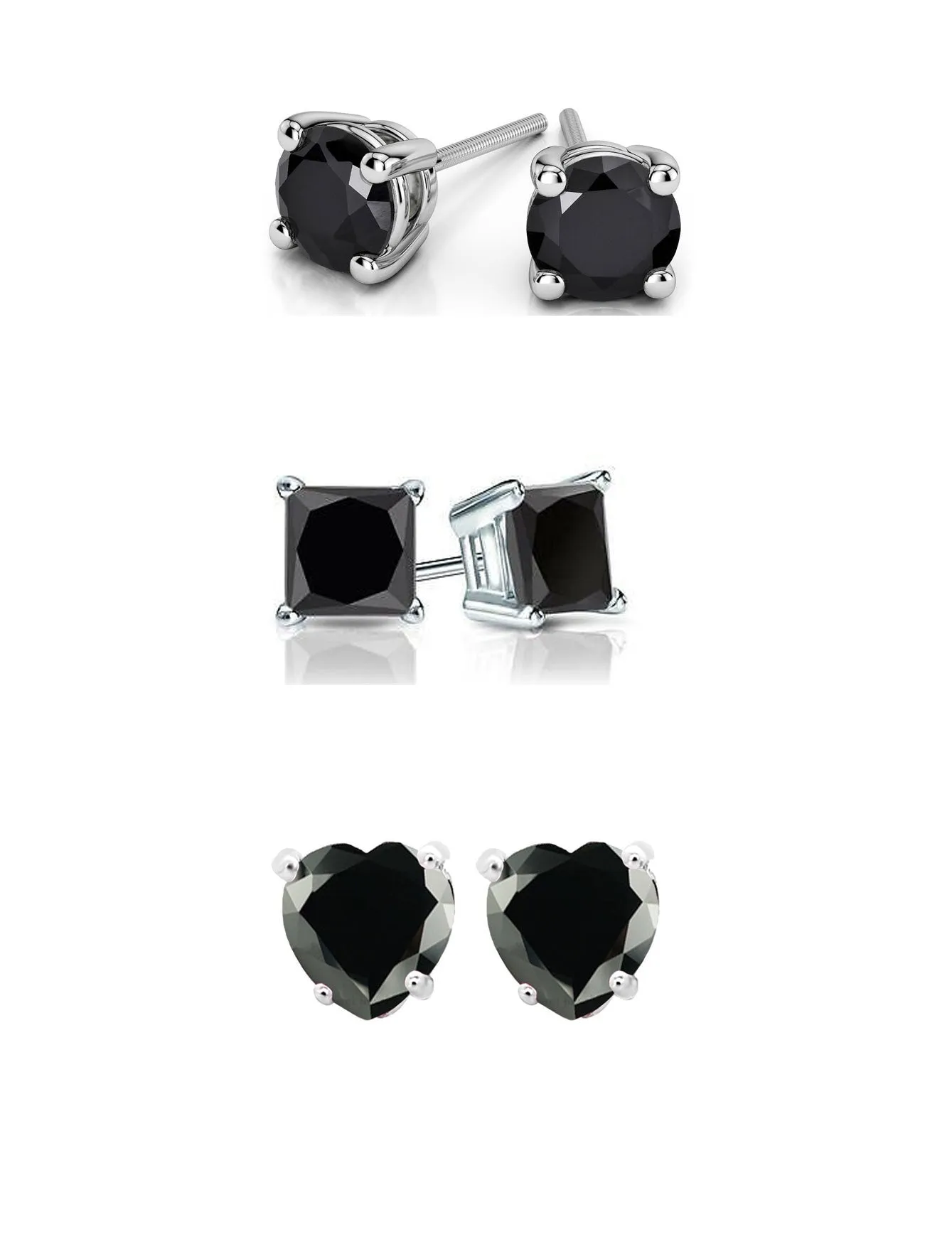 18k White Gold Plated 1Cttw 7mm Created Black Sapphire 3 Pair Round, Square and Heart Stud Earrings