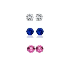 18k White Gold Plated 2Ct Created White Sapphire, Blue Sapphire and Pink Sapphire 3 Pair Round Stud Earrings