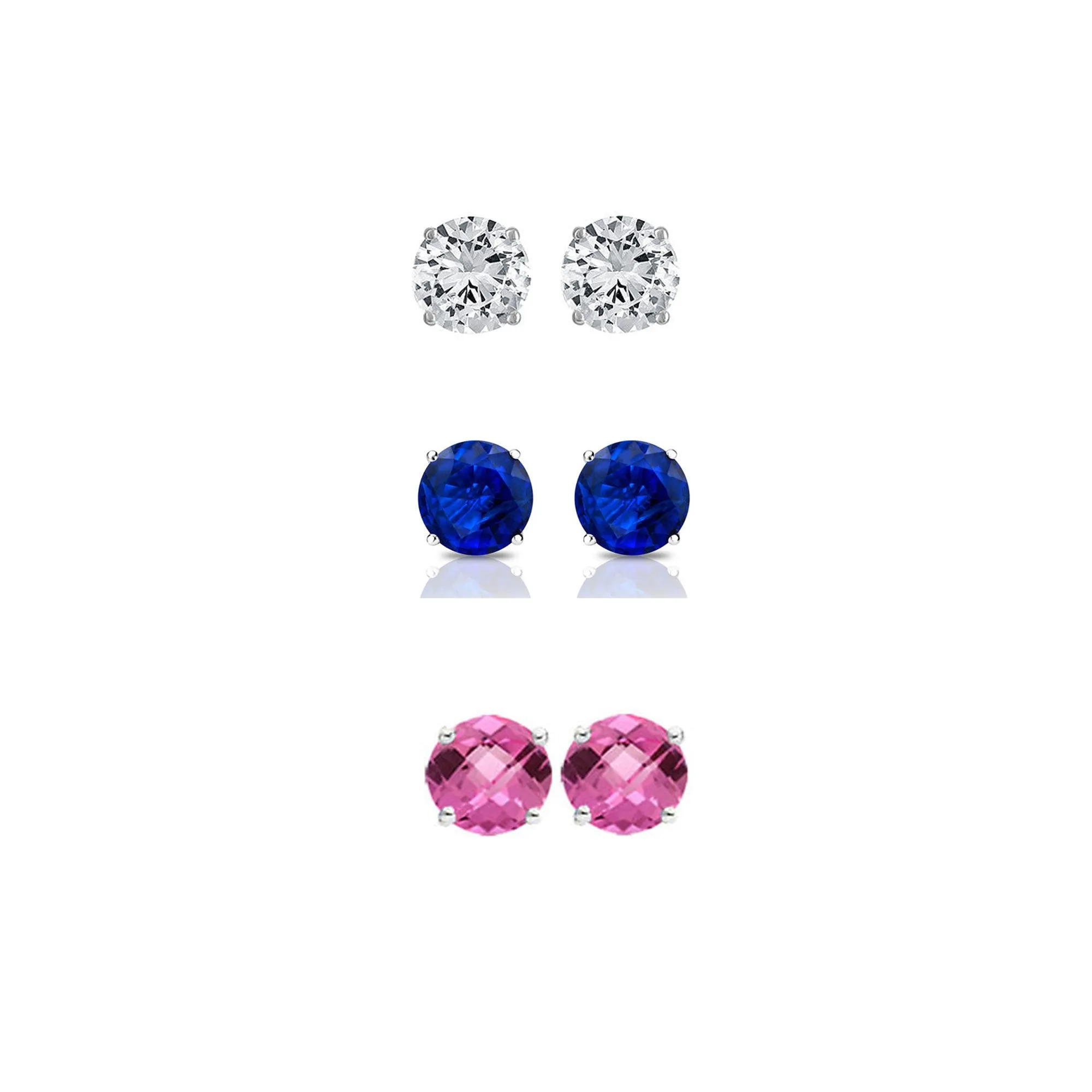 18k White Gold Plated 2Ct Created White Sapphire, Blue Sapphire and Pink Sapphire 3 Pair Round Stud Earrings