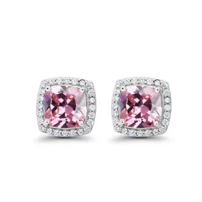 18k White Gold Plated 4 Ct Created Halo Princess Cut Pink Sapphire Stud Earrings