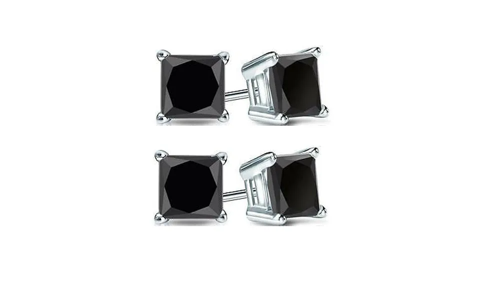 18k White Gold Plated Created Black Sapphire 1Ct Princess Cut Pack of Two Stud Earrings