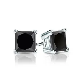 18k White Gold Plated Created Black Sapphire 1Ct Princess Cut  Stud Earrings