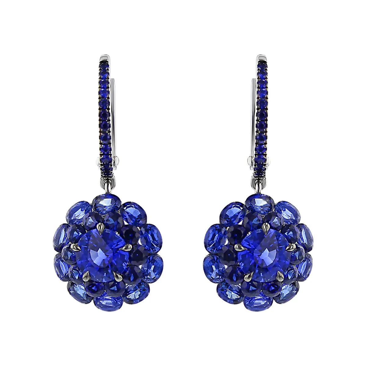 18K White Gold Sapphire Halo Cluster Drop Earrings