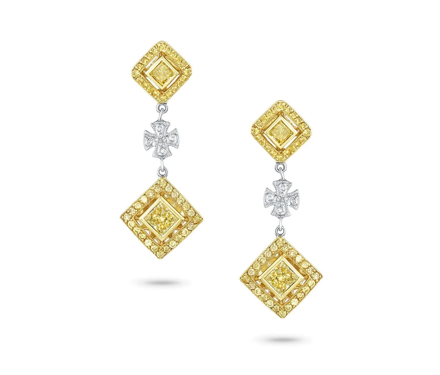 18k White Yellow Gold Fancy Yellow Diamond Maltese Cross Earrings