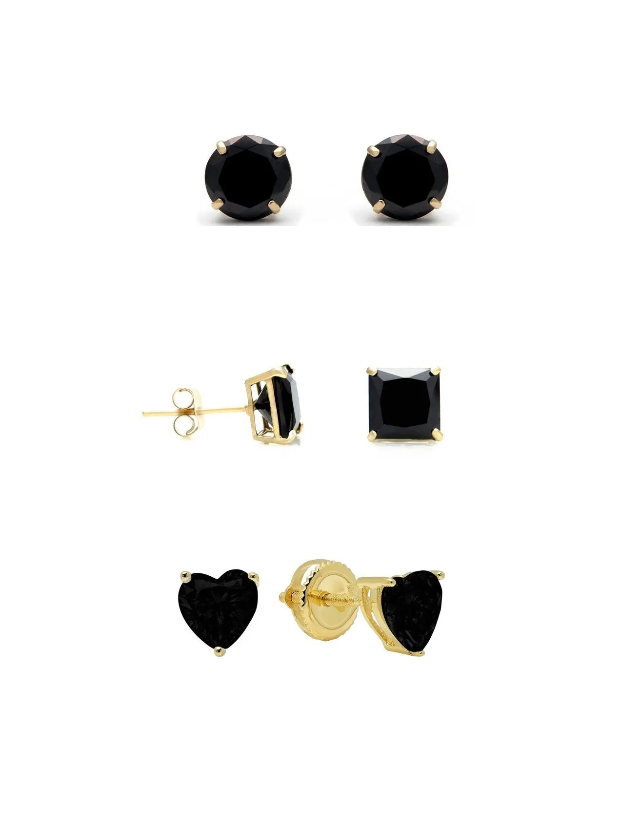 18k Yellow Gold Created Black Moissanite 3 Pair Round, Square And Heart Stud Earrings 4mm Plated By Paris Jewelry