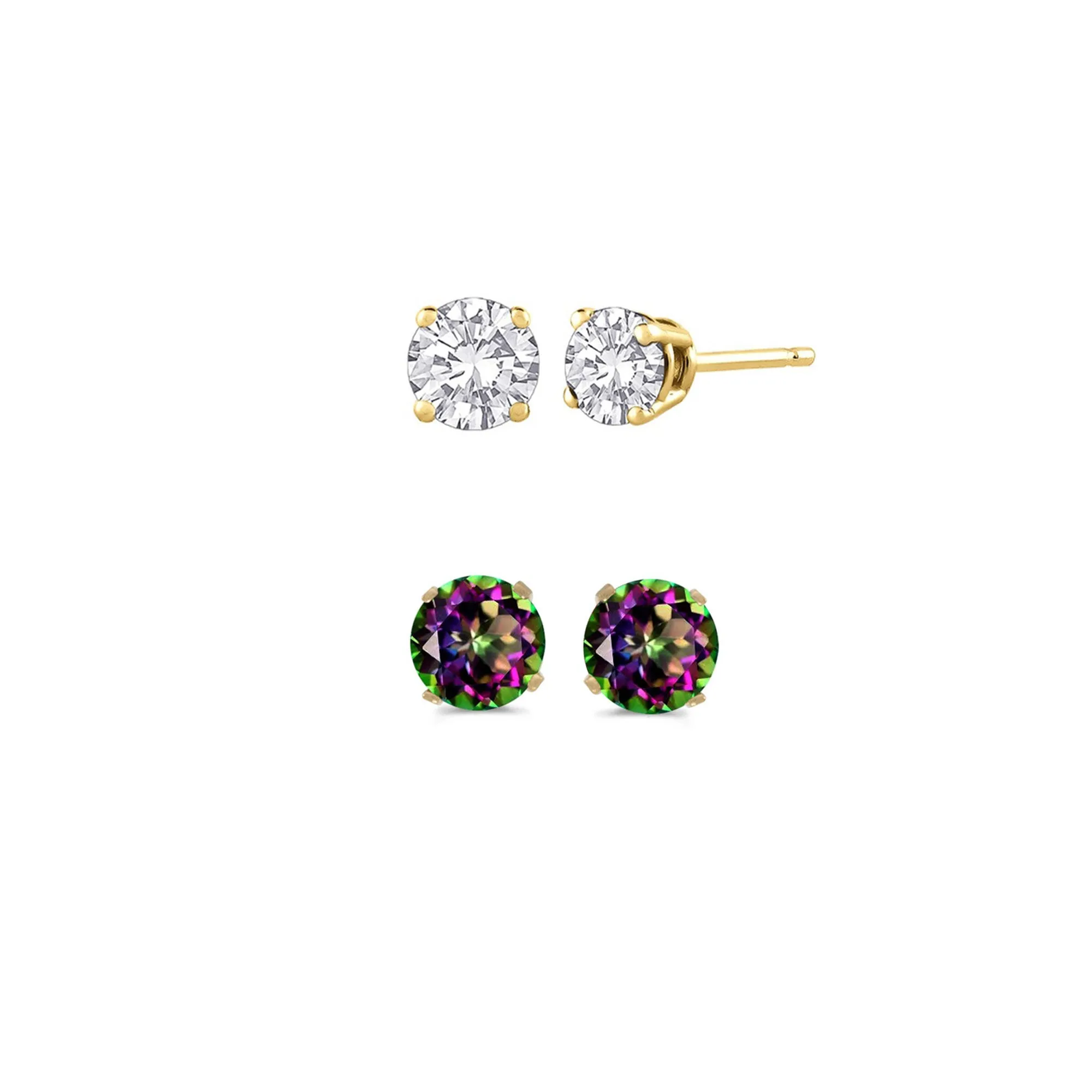 18k Yellow Gold Plated 4Ct Created White Sapphire and Mystic Topaz 2 Pair Round Stud Earrings