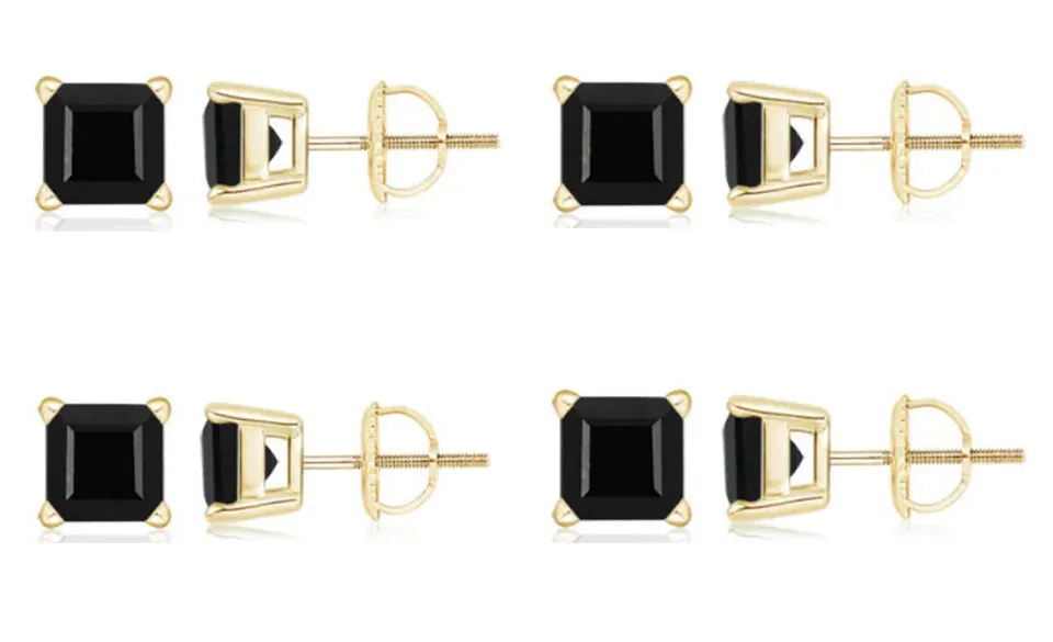 18k Yellow Gold Plated Created Black Sapphire 2Carat Square Cut Pack of Four Stud Earrings