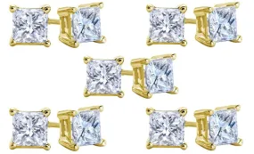 18k Yellow Gold Plated Created White Sapphire 1 Carat Square Cut Pack of Five Stud Earrings