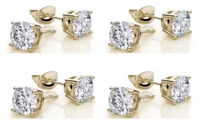 18k Yellow Gold Plated Created White Sapphire 4 Carat Round Pack of Four Stud Earrings