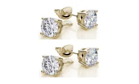 18k Yellow Gold Plated Created White Sapphire 4 Carat Round Pack of Two Stud Earrings