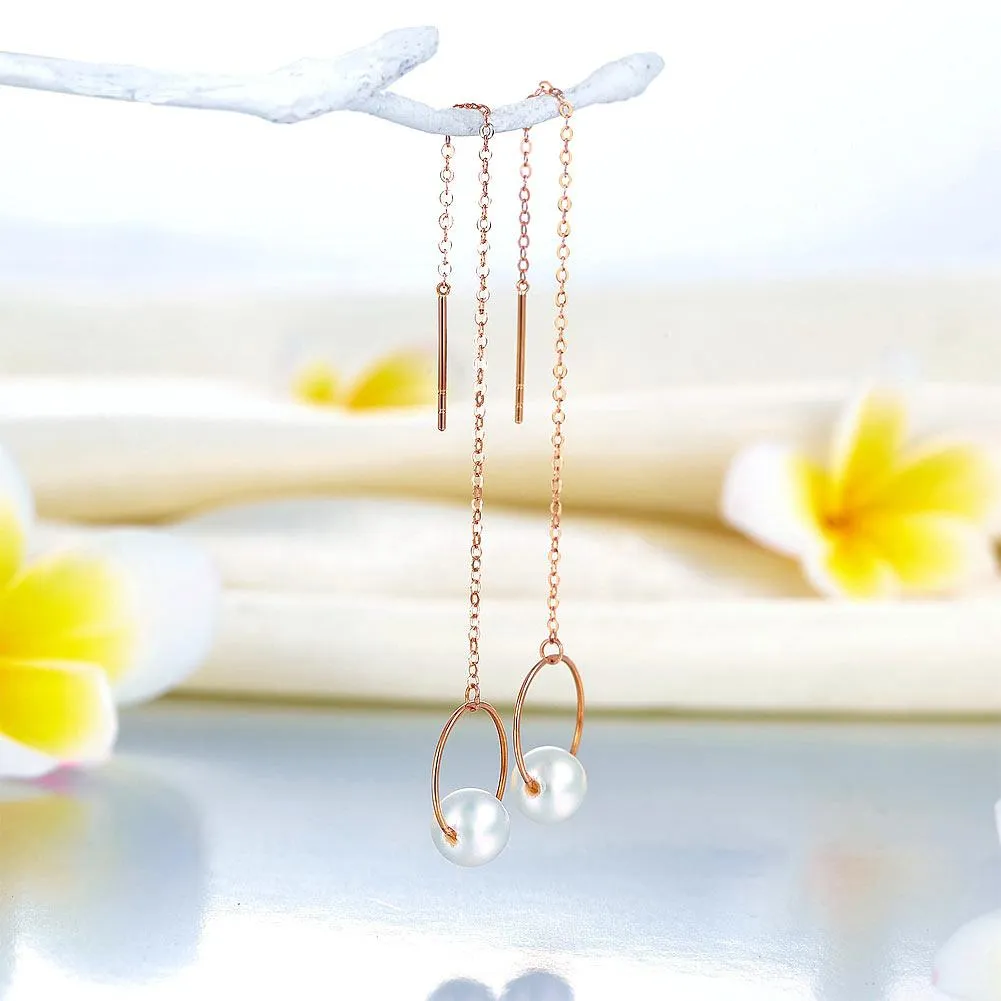 18K/750 Rose Gold Long Line Earrings Pearl 6 mm