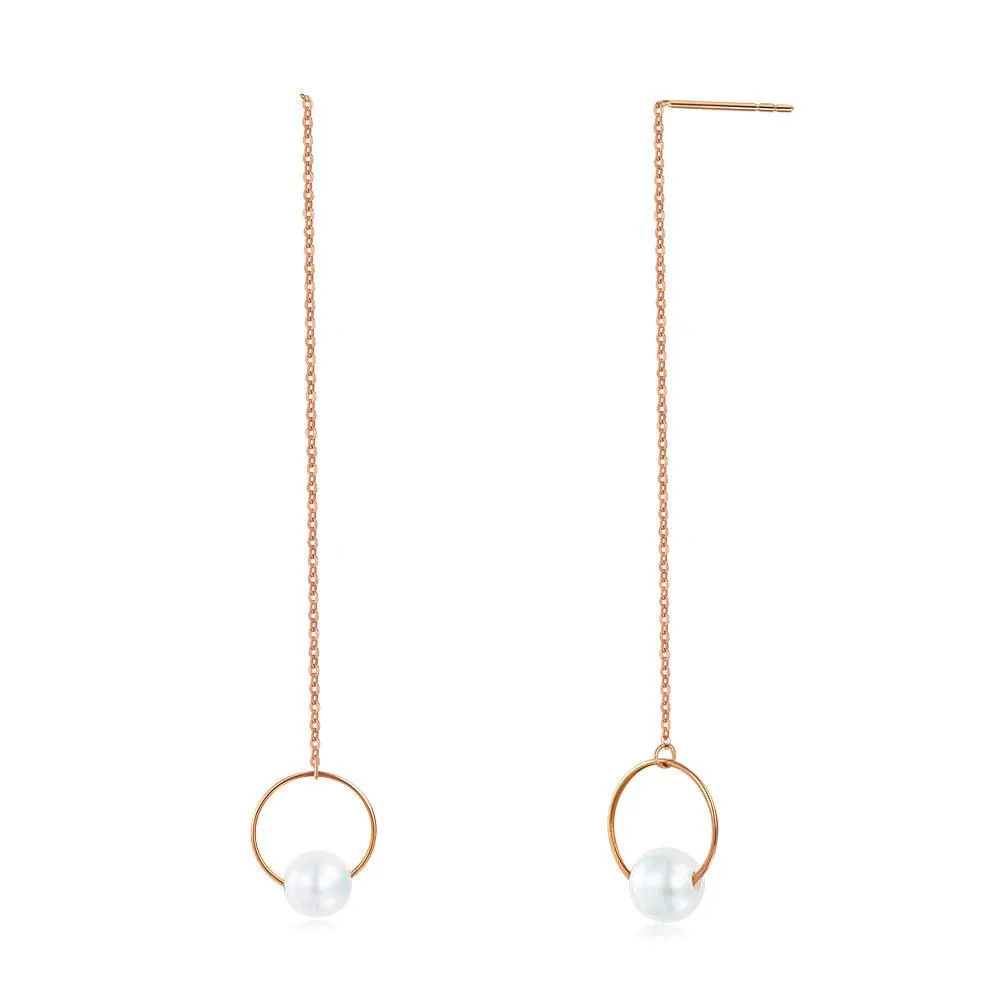 18K/750 Rose Gold Long Line Earrings Pearl 6 mm