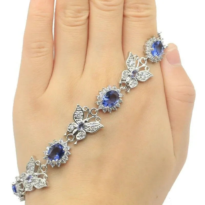 18kt White Gold Plated Iolite Micro-Pave Butterfly Tennis Bracelet