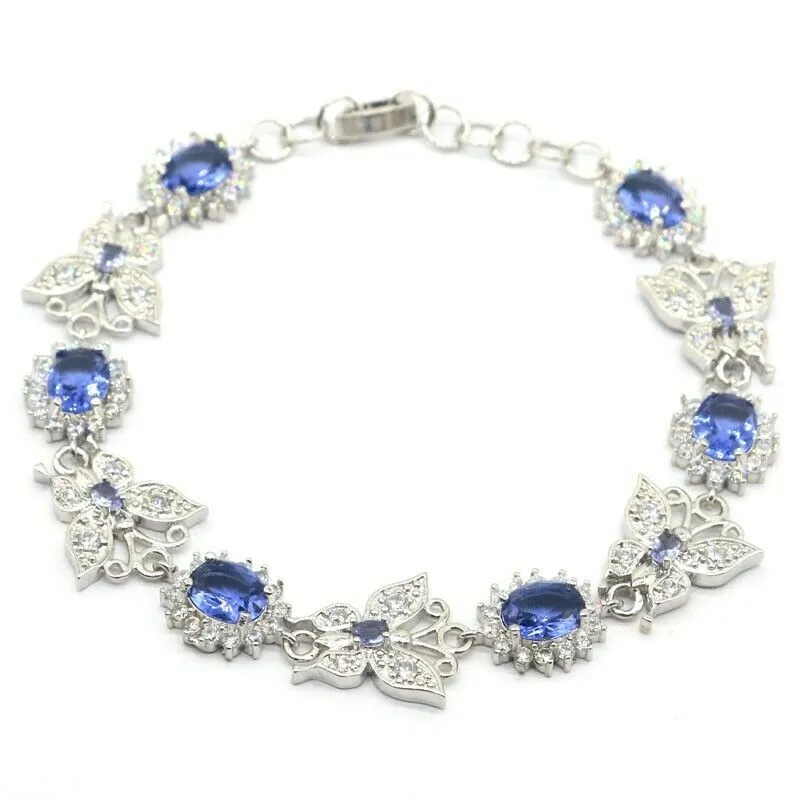 18kt White Gold Plated Iolite Micro-Pave Butterfly Tennis Bracelet