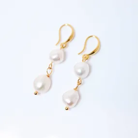 2 Freshwater Cultured pearl Bezel Hook Earrings, Long Bridal Jewelry, Gold Pearl Bridal Earrings, Statement Earrings.